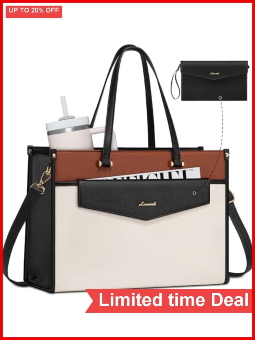 Women's Laptop Tote Bag PU Leather 2-in-1 Work Briefcase with Detachable Clutch